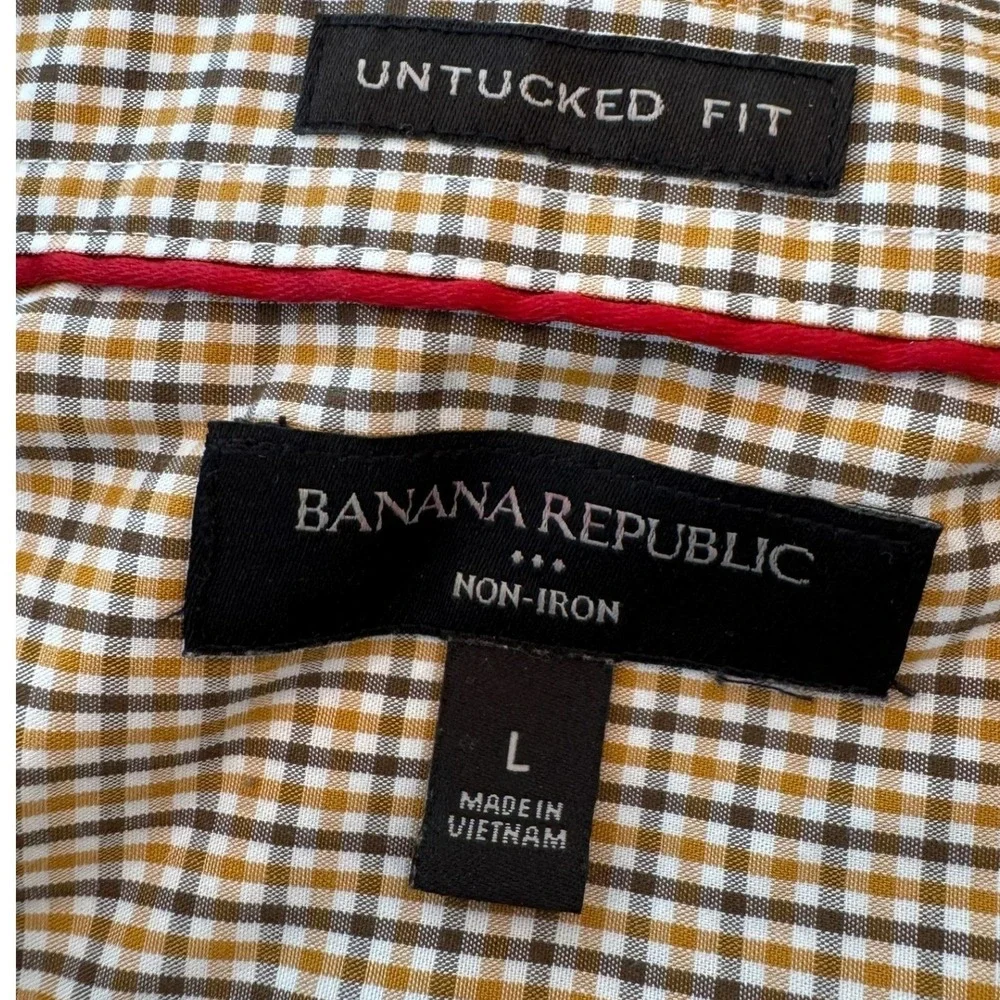 Banana Republic Mens L Non-Iron Untucked Fit Button Down Shirt‎ Brown Gingham